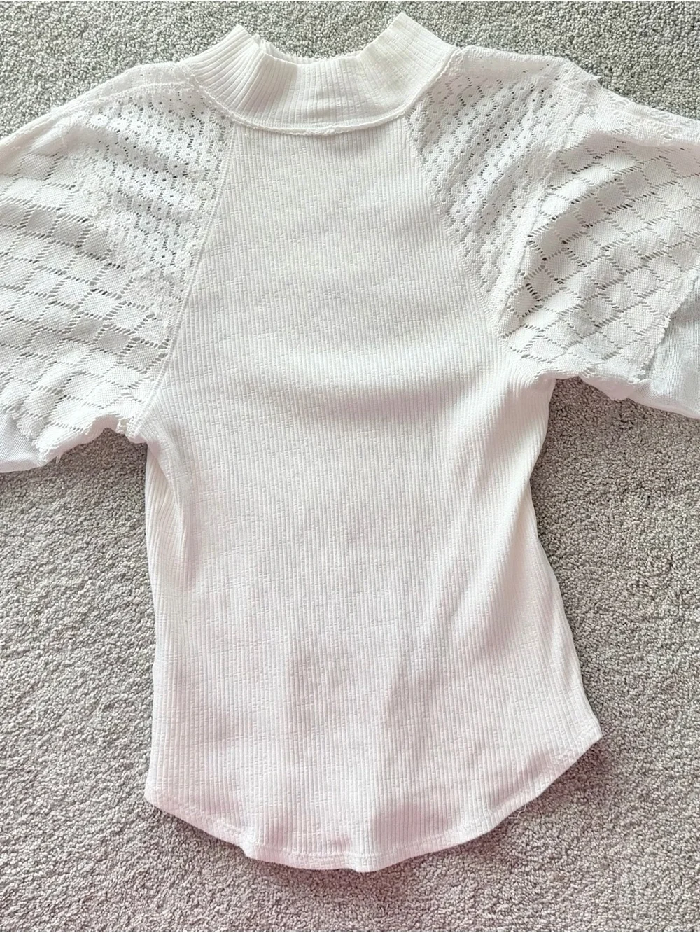 Free People White Lace Balloon Sleeve Mock Neck Ribbed Top